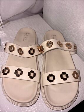 Nicole Miller New York Cream Double-Strap Slide Sandals with Gold Details